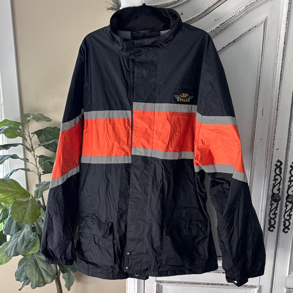 Y2k J&P CYCLES BLACK ORANGE REFLECTIVE COAT CINCH BACK Men SZ 3XL Motorcycle